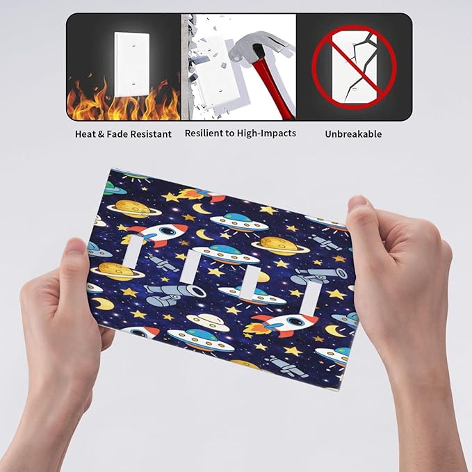 Decorative Light Switch Cover Plate Blue Space-themed Rocket Spaceship 4 Gang Wall Plates for Electrical Quad Toggle Switch Plate Covers Outlet Covers Faceplate for Children's Room Decor