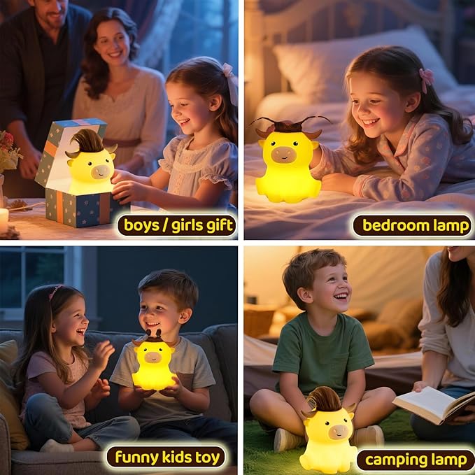 DREAMING MY DREAM Highland Cow Night Light,Cute Dimmable Farm Animal Highland Cattle Lamp,Soft Bedside Lamp for Nursery Bedroom,Decor Gifts for Adults Kids Boys Girls Christmas Gifts