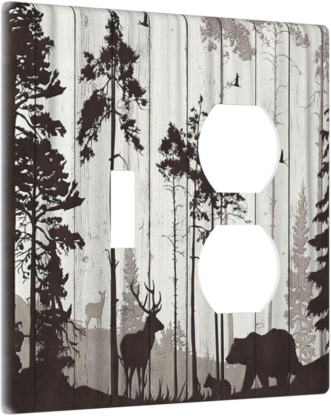 Decorative Outlet Covers Rustic Deer Hunting Forest Grey Wood Plank 2 Gang Wall Plate Single Toggle Duplex Light Switch Cover Switch Plate Covers Faceplate for Farmhouse Home Decor