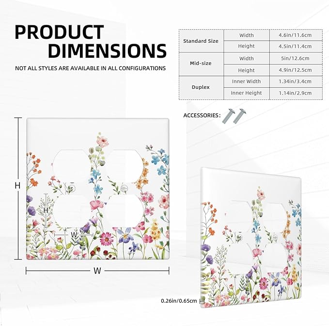 Boho Watercolor Wildflowers Floral Plants Flower Outlet Covers 2 Gang Double Duplex Decorative Light Switch Covers Electrical Wallplates Socket Faceplate for Bedroom Living Room Decor