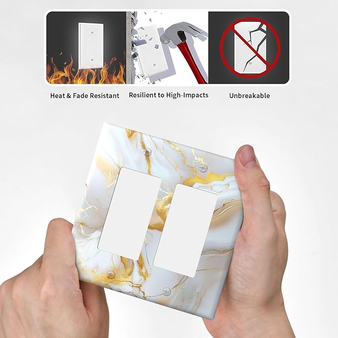 Decorative Outlet Covers Abstract Gold Marble Design with White & Gold 2 Gang Wall Plate Double Rocker Light Switch Cover Switch Plate Cover for Modern Luxurious Decor