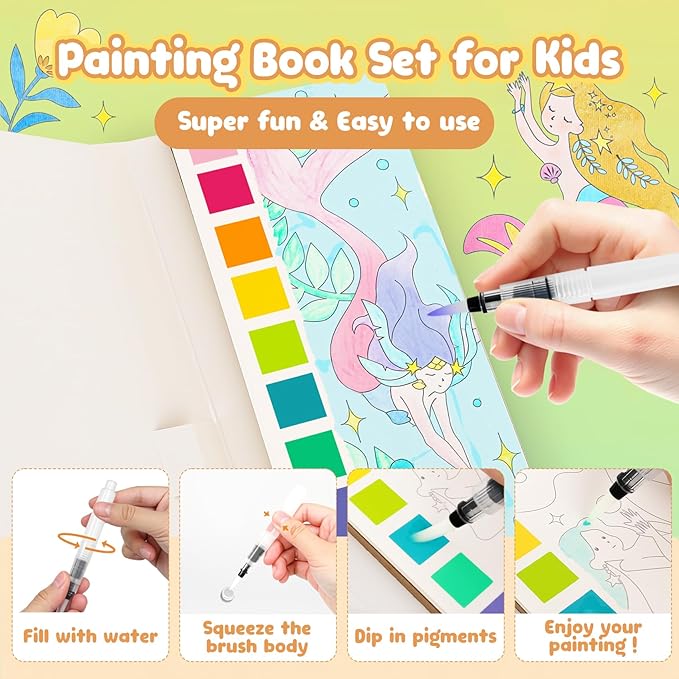 JCREN Watercolor Painting Books, Pocket Watercolor Painting Coloring Kit, Paint with Water Bookmarks Travel Activity Party Favors for Kids Toddlers Gifts for Boys and Girls