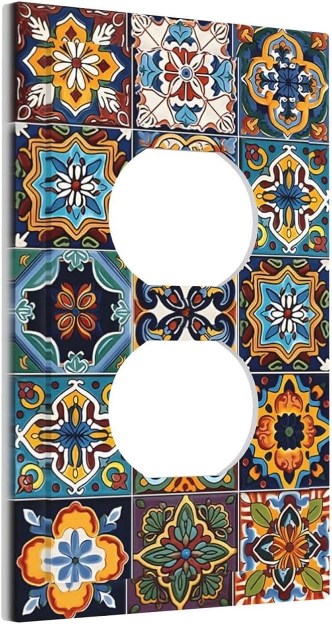 Mexican Talavera Tiles Floral Outlet Covers 1 Gang Duplex Light Switch Cover Decorative Switch Plates Electrical Receptacle Faceplate Wall Plate for Bathroom Kitchen Decor
