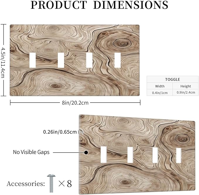 Tree Annual Rings Burl Texture Brown Wood Grain Print Light Switch Covers Quad Toggle Electrical Faceplate 4 Gang Wall Plate Decorative Switch Plates Cover for Farmhouse Bedroom Decor