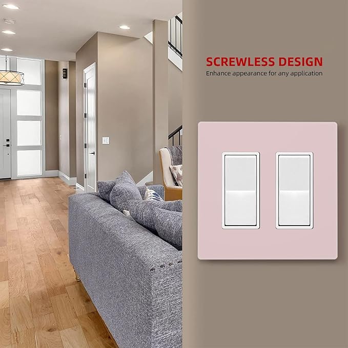 Pink 2 Gang Double Decorator Rocker Light Switch Cover Decorative Cute Girly Girl Bedroom Outlet Switch Face GFCI Wall Plate Electrical Switchplate Screwless for Dimmer