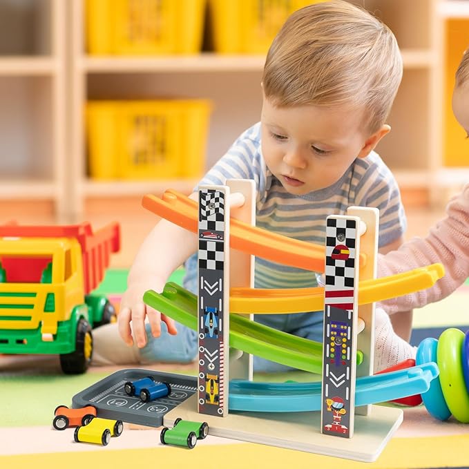 WOOD CITY Wooden Car Ramp Racer Toy Vehicle Set with 4 Mini Cars & Race Tracks, Toddler Toys for 1 2 3 Years Old, Montessori Cars Toys Birthday Gift for Kids Boys and Girls
