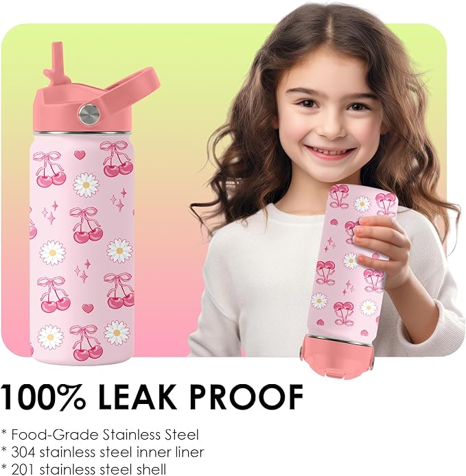 Cherry Gifts for Kids - 16oz Pink Kids Water Bottle with Straw Lid, Stainless Steel Insulated Tumbler, Leakproof, BPA-Free, for Girls, School, Travel - Cherry Lovers Children Birthday Gift Cup (1pc)