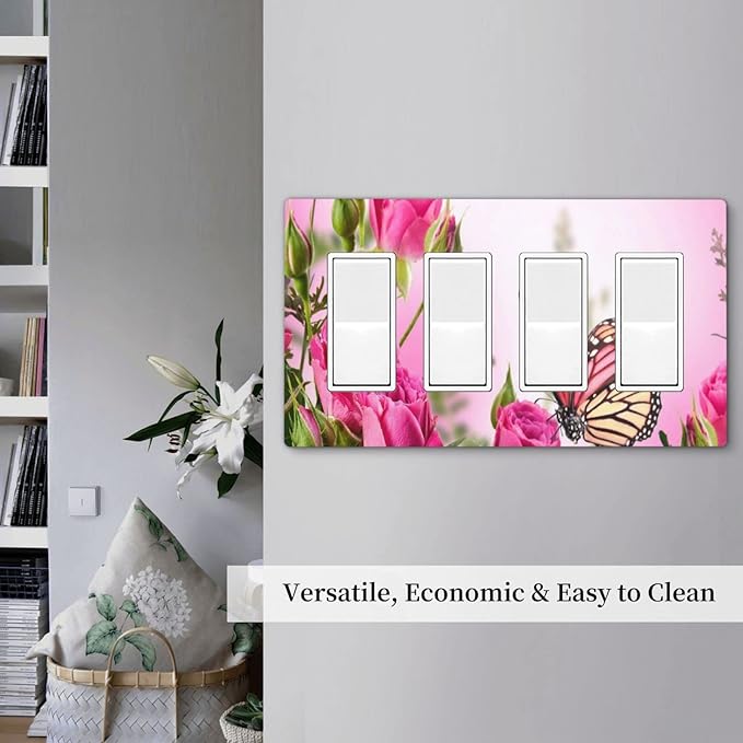 Floral Butterfly Pink Rose 4 Gang Quad Rocker/Decor Light Switch or Receptacle Outlet Wall Plate Cover Plate Decorative Electrical Faceplate for Bathroom Room Decorate Jumbo Standard Size 8.3" x 4.6