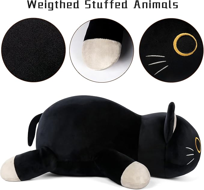 Wepop 24" Black Cat Plush Weighted Stuffed Animals, 4.2lbs Weighted Black Cat Pillow Giant Cat Stuffed Animal Cuddle Plushies Gift for Kids Adults
