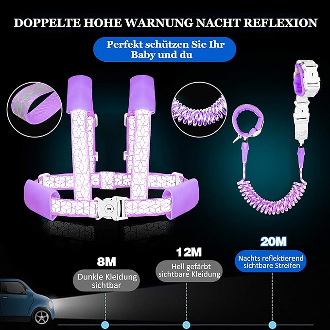 Toddler Leash for Walking, Toddler Safety Harnesses Leashes, Safety Harness with Lock for Kids, Anti Lost Wrist Link for Toddlers ，Upgrade with Reflective Tape Liner（6.5ft）for Kids