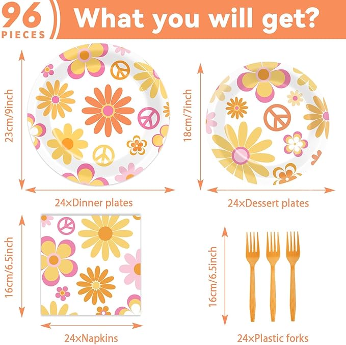 96 Pcs Groovy Party Supplies for 24 Guests Retro Hippie Boho Tableware Plates Napkins Daisy Flower Birthday Dinnerware Table Decorations Retro Hippie Daisy Party Favor for Kitchen Dinning Home Decor