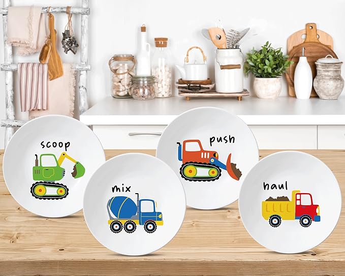 4 Set 10 Inch Construction Truck Plates Melamine Construction Truck Dinnerware Set Reusable Baby Shower Vehicle Melamine Plate Dishwasher Safe for Toddlers Creatively Drop Resistant Cute Plastic Dish