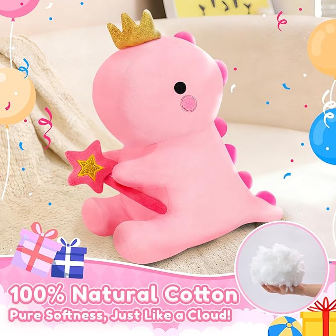 SQEQE Dinosaur Stuffed Animal, Cute Dinosaur Plush Toys with Fairy Wand, Dino Plushies Anniversary Birthday Gift for Her Girls Boys Boyfriend Girlfriend(Pink,12 inch)