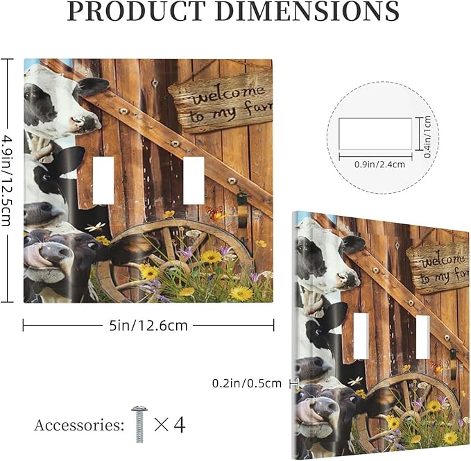 Decorative Switch Plate Covers Farm Cow Farmhouse Barn Door Rustic Vintage Wooden 2 Gang Double Rocker Decora Light Switch Cover Country Wildlife Funny Dual Outlet Wall Plate Electrical Faceplate GFCI