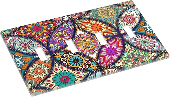Boho Floral Pretty Colorful Mandala Flowers Light Switch Covers Quad Toggle Electrical Faceplate 4 Gang Wall Plate Decorative Switch Plates for Bedroom Living Room Decor