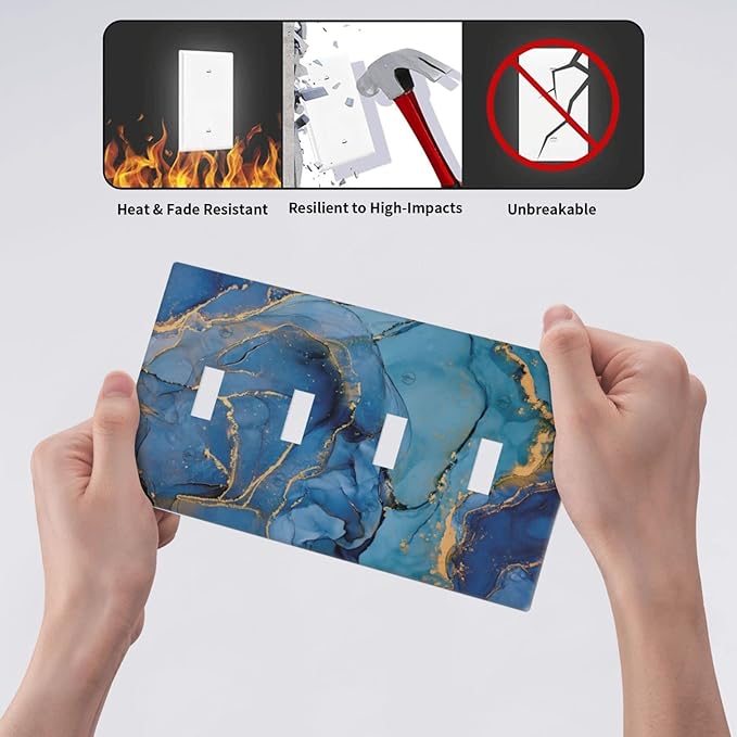 Blue Marble Quad Toggle Light Switch Cover Decorative 4 Gang Switch Plates Cover Modern Ombre Watercolor Ink Art Faceplate for Bathroom Home Living Room Decor 8 X 4.5 In