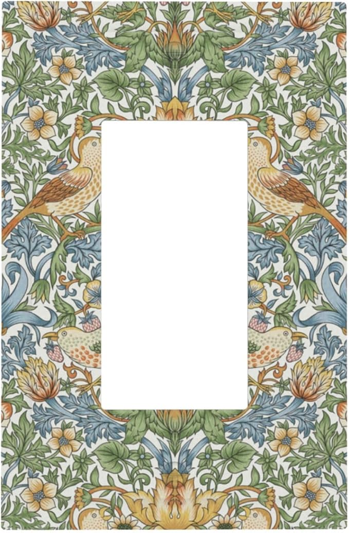 William Morris Strawberry Thrush Birds Single Light Switch Cover Plate 1 Gang Rocker Outlet Covers Switchplate Vintage Floral Flowers Plant Decorative Electrical for Country Bedroom Home Décor