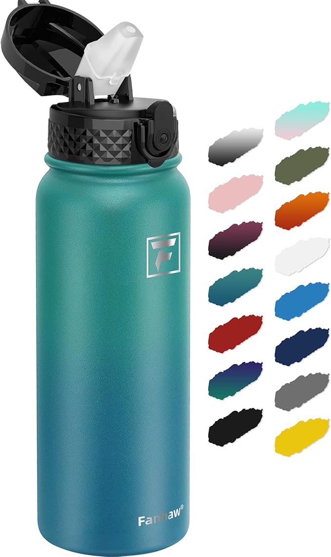 Fanhaw 20 oz Insulated Stainless Steel Water Bottle with Straw Lid, Leakproof & Anti-Dust Sports Bottle for Kids, Women & Men (Green Blue)