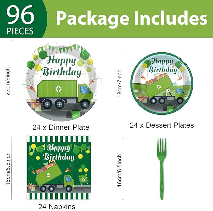 96 Pcs Garbage Truck Birthday Party Plates and Napkins Party Supplies Trash Trucks Party Tableware Set Waste Management Recycling Party Decorations Favors for Birthday Baby Shower for 24 Guests
