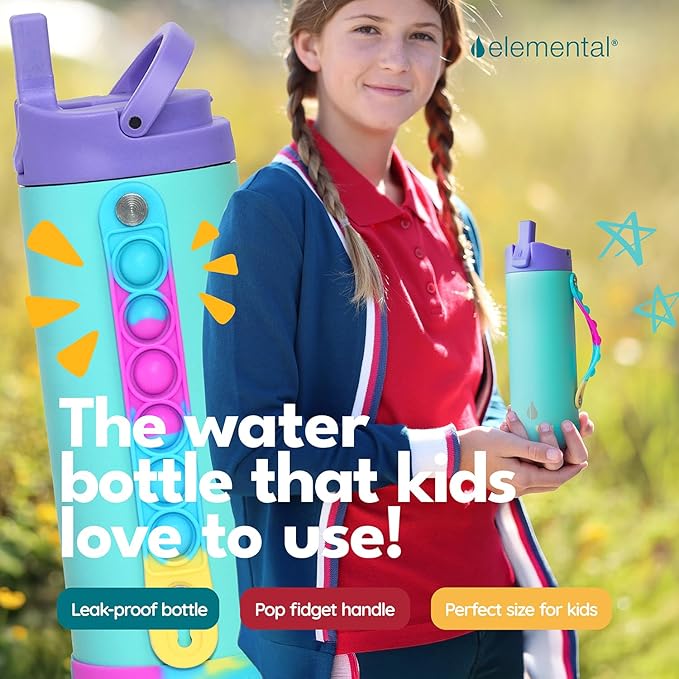 Elemental Iconic Kids Water Bottle with Straw Lid & Stress Relief Pop It Handle, Leak-Proof When Closed, Triple Insulated Kids Stainless Steel Water Bottle For Girls and Boys, 14oz - Blue Tie Dye