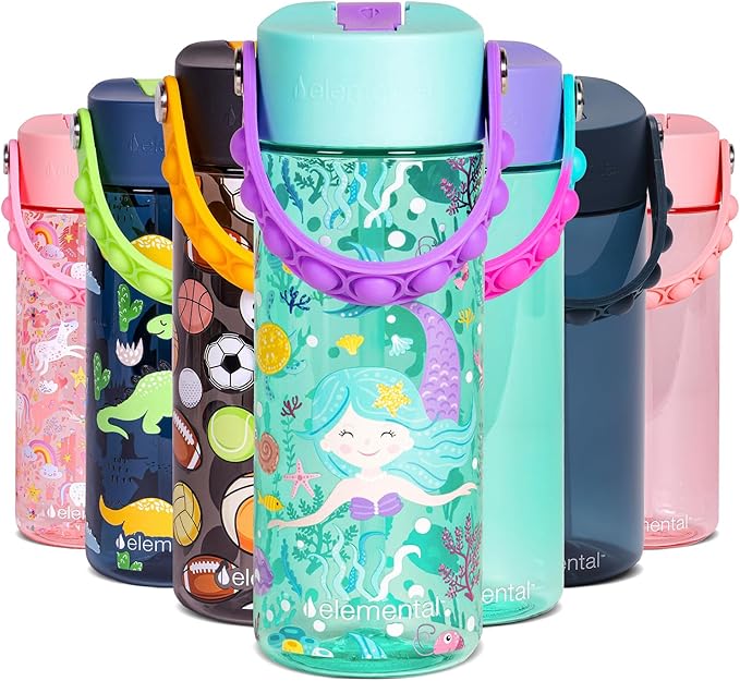 Elemental Water Bottles for Kids - Splash Kids Water Bottle for School with Pop-it Handle - BPA Free Tritan Plastic Water Bottle with Straw Leak Proof when Spout is Closed -Mermaid - 18oz