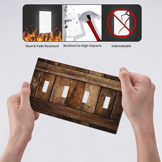 Brown Wooden Barn Door Old Wood Print Light Switch Covers Quad Toggle Electrical Faceplate 4 Gang Wall Plate Decorative Switch Plates for Farmhouse Home Decor