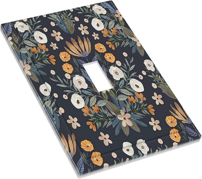 Boho Leaf Floral Navy Blue Background 1 Gang Light Switch Covers Single Toggle Wall Plate Decorative Switchcover Electrical Switchplate for Farmhouse Country Bedroom Bedroom Decor