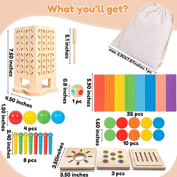 Montessori Toys Wooden Board Games for Kids 4-6, 5-in-1 Fine Motor Skills Educational Games for 3 4 5 6 Year Olds, Colorful Wooden Stick Game with Dice, Family Travel Games for Boys Girls