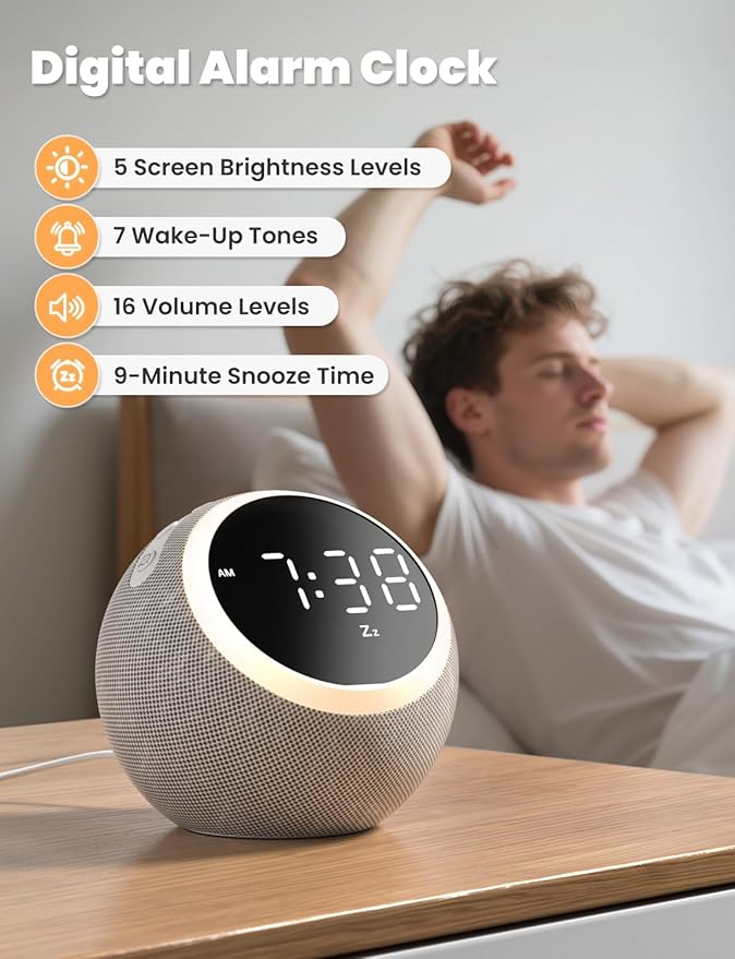 LIORQUE Alarm Clock with White Noise Machine & Night Light, 25 Soothing Sound, Adjustable Volume, Sleep Timer, Ideal for Baby Kids Adult, Easy to Use Alarm Clock for Bedrooms