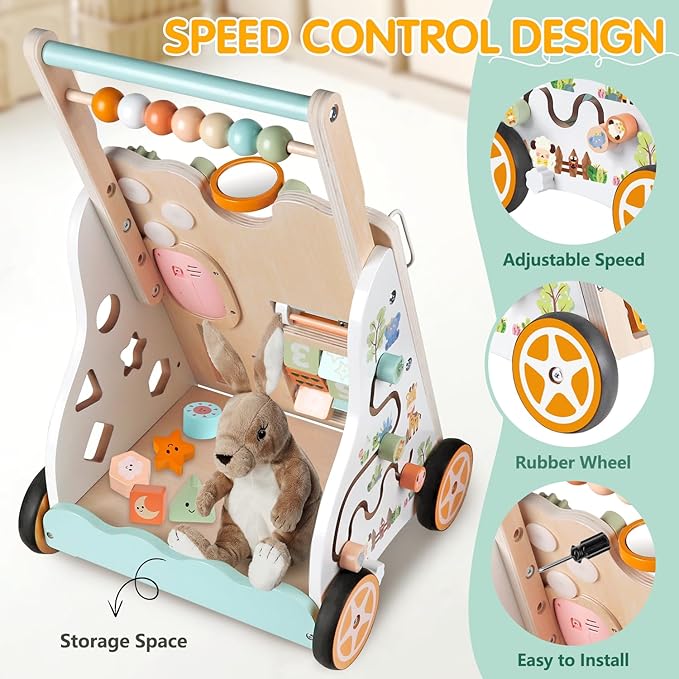 Wooden Baby Walker with Wheels, Push Walker with Baby Activity Center, Montessori Walking Toy for Girls Boys, Adjustable Speed & Height Activity Toy for Toddler Learning to Walk 12+ Months (Natural)