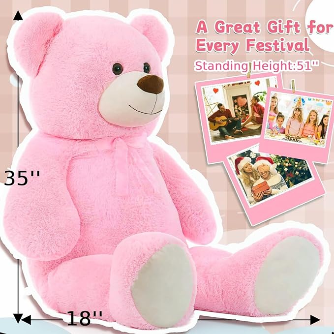 Toys Studio 51 inch Giant Teddy Bear Pink Stuffed Bear Plush for Girls, Pink Teddy Bear for Baby Shower Gender Reveal Decorations Valentine's Day Christmas Mother's Day