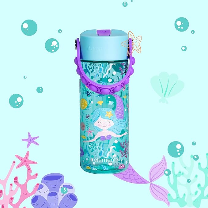 Elemental Water Bottles for Kids - Splash Kids Water Bottle for School with Pop-it Handle - BPA Free Tritan Plastic Water Bottle with Straw Leak Proof when Spout is Closed -Mermaid - 18oz