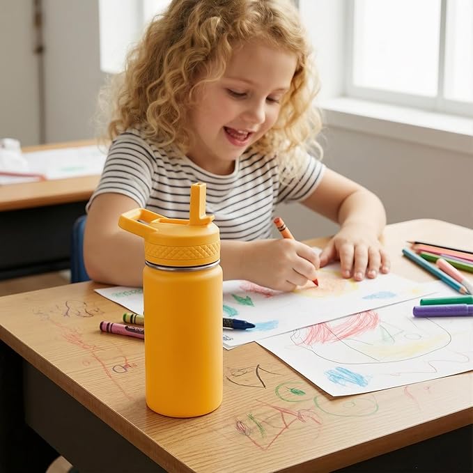 Fijinhom 12 oz Toddler Bottle, 2 Pack Kids Water Bottle for School Boys & Girls with Straws Lids, 304 Stainless Steel Vacuum Insulated Thermos, BPA-Free, Pink + Purple