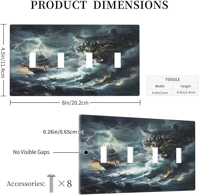 Light Switch Cover Plate funny Cat Stormy sea Lightning Sailboats 4 Gang Quad Toggle Decorative Switch Plates Electrical Wall Plates Faceplate for Bathroom Kid Room Decor