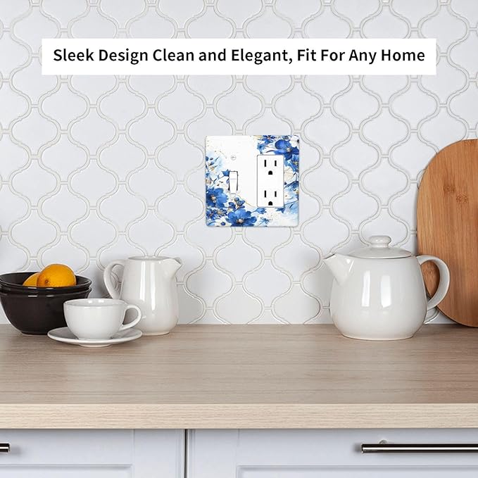 Klein Blue Flowers Watercolor Golden White Floral Outlet Covers 1 Toggle 1 Rocker Combination Decorative Wall Plate Electrical Switch Plates Light Switch Cover Plate for Bedroom Living Room Decor