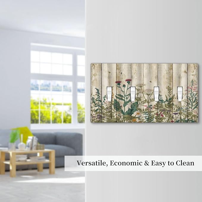 Vintage Wild Flowers Botanical Green Leaves Plants Quad Toggle Light Switch Covers Decorative Rustic Wood Plank 4 Gang Wall Plate Electrical Faceplate Switchplate for Farmhouse Bedroom Decor