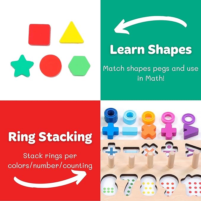 GeroCrew Wooden Montessori Toys for Kids Toddler Number Puzzles Sorter Counting Shape Stacker Stacking Game Preschool Toys for Boy Girl Learning Education Math Blocks Year Old Girl Gifts (Rainbow)