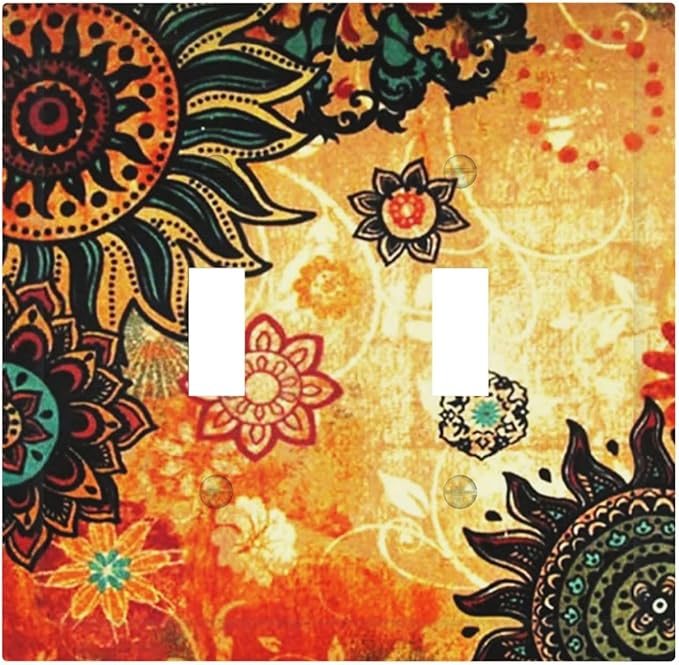 Red Mandala Boho Flower Toggle Light Switch Cover Contemporary Orange Retro Bohemian Floral 2-Gang Electrical Decorator Dual Device Face Wallplate Decorative Double Switch Plate Covers Bathroom Decor