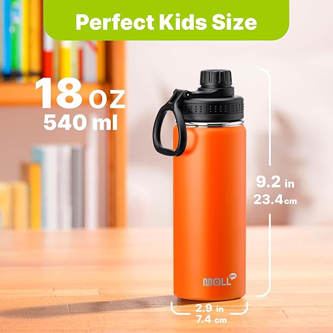 18 oz Water Bottle Stainless Steel Vacuum Insulated Wide Mouth Sports Flask, 2 Pack Water Bottle with Leakproof Spout Lid (Orange-Black)