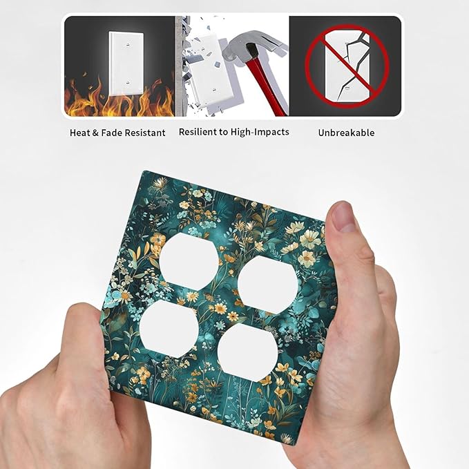 Outlet Covers Green Leaf Floral Boho Golden Flower Plant 2 Gang Double Duplex Decorative Light Switch Covers Electrical Wallplates Socket Faceplate For Bed Room Cabin Decor