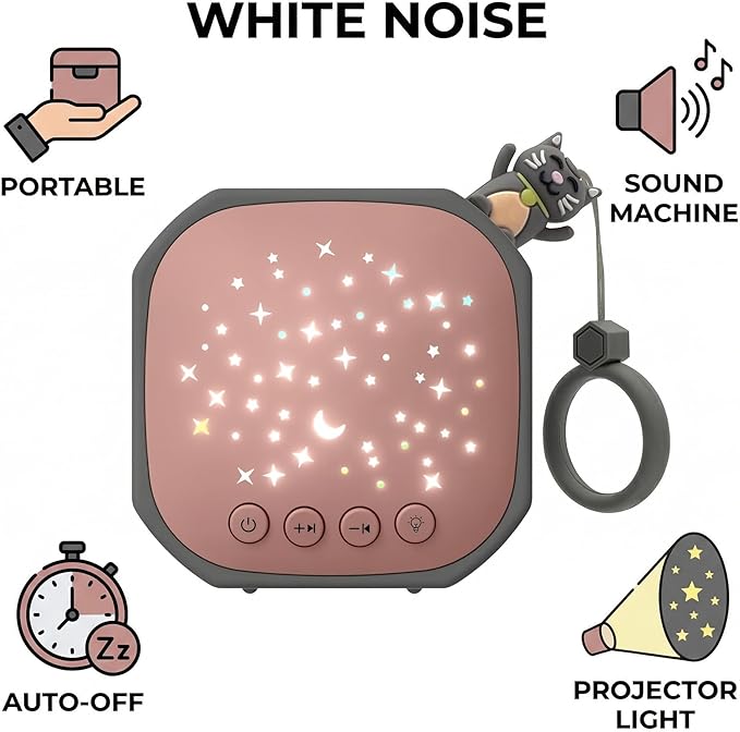 Portable White Noise Sound Machine with Star Projector | Sound Therapy Calm Music Machine Baby Sleep Soother with Hook for Home, Car Travel, Nursery, Infant, Kids Gifts (Lucky Cat)