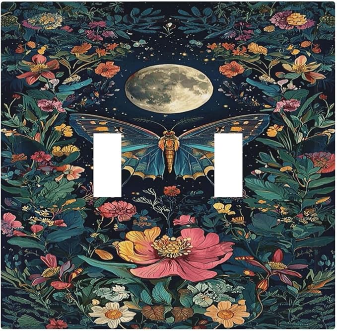 Decorative Switch Plate Covers Bohemian Moon Butterfly Floral 2 Gang Double Toggle Light Switch Cover Plate Electrical Wall Plate Outlet Cover Outlet Light Switch Cover for Bedroom Cabin Decor