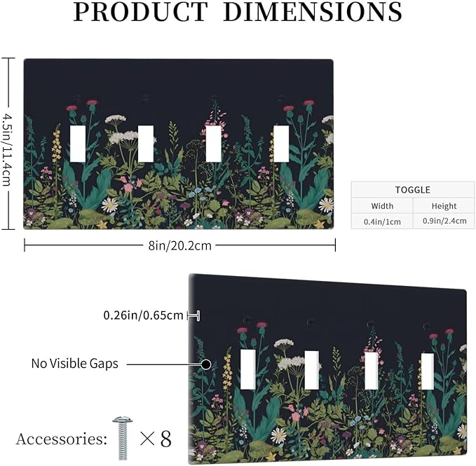 Boho Garden Flowers Weeds Floral Wildflowers Light Switch Covers Quad Toggle Electrical Faceplate 4 Gang Wall Plate Decorative Switch Plates Cover for Bedroom Living Room Decor