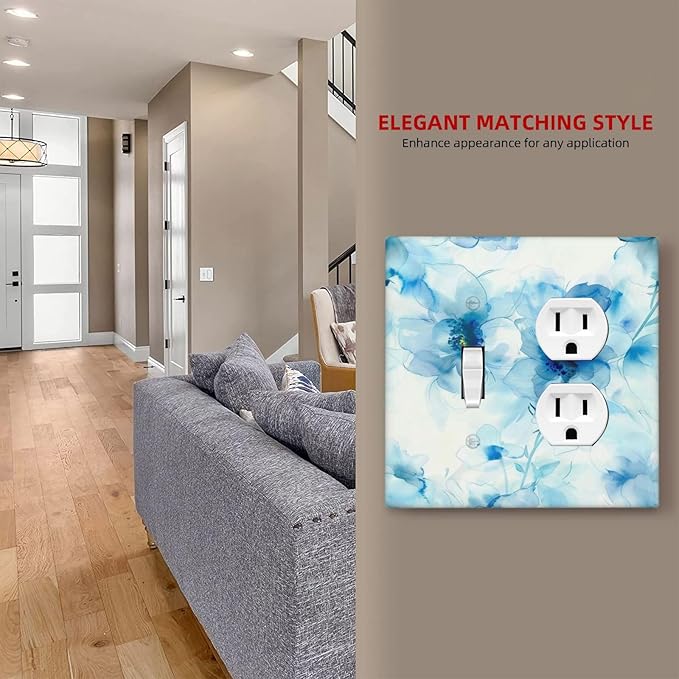 Watercolor Flower Blue White Large Floral Leaf Plants Wallplates 1 Toggle 1 Duplex Switch Plate Electrical GFCI Faceplate Decorative Light Switch Covers for Bedroom Living Room Decor