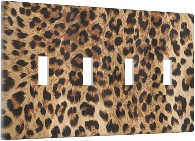 Classic Leopard Cheetah 4 Gang Light Switch Cover Decorative Quad Toggle Wall Plate Decorative Electrical Faceplate For Girls Boys Home Bedroom Decorate Large Size 8" x 4.5