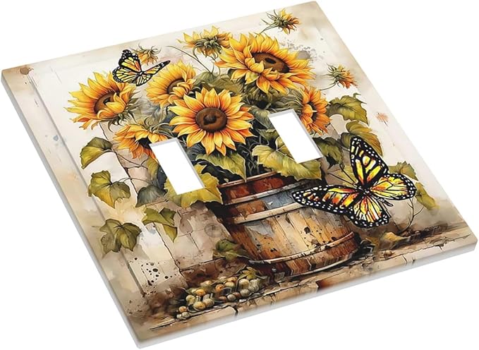 Decorative Switch Plates Rustic Vintage Sunflower Bouquet Butterfly 2 Gang Double Toggle Wall Plate Outlet Light Switch Cover Electrical Faceplate for Farmhouse Cabin Decor