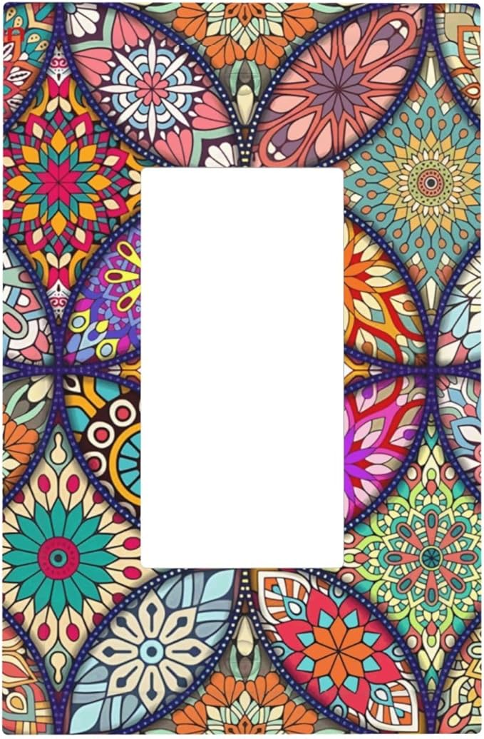 Boho Floral Pretty Colorful Mandala Flowers Decorative Outlet Covers 1 Gang Single Rocker Light Switch Cover Plate Wall Plates GFCI Faceplate for Bedroom Living Room Decor