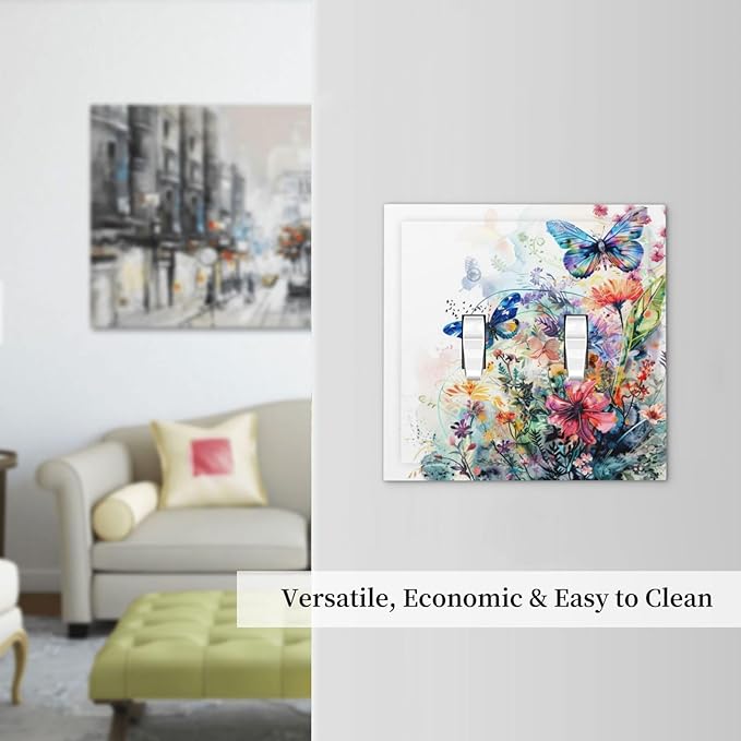 Light Switch Cover Plate Watercolor Colorful Floral Butterflies Wildflowers 2 Gang Double Toggle Decorative Switch Plates Wall Plates Electrical Faceplate for Bathroom Bedroom Decor