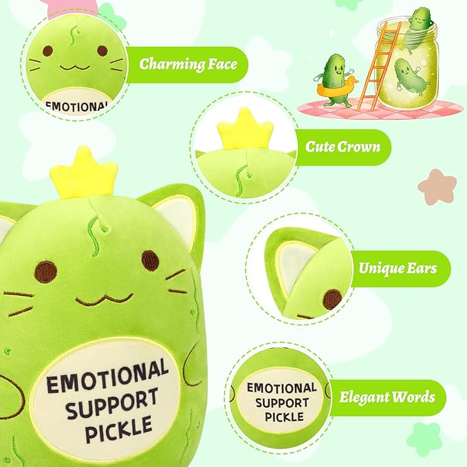 Pickle Cat Stuffed Animal - Emotional Support Pickle,Cute Emotional Support Cat Plush,Soft Green Kitten Plush Toy Pickle Gifts for Family Friends Kids Boys Girls,Room Home Decor
