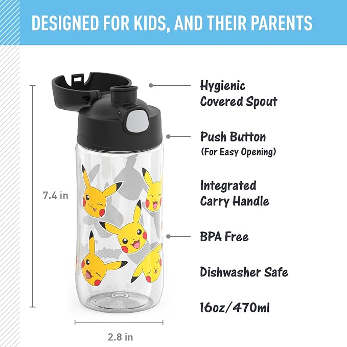 THERMOS FUNTAINER 16 Ounce Plastic Hydration Bottle with Spout, Pokemon